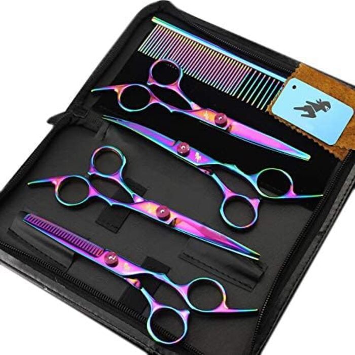 Набір професійних ножиць для грумінгу домашніх тварин Freelander з нержавіючої сталі, для собак та котів. Включає ножиці для стрижки, фінішні ножиці, вигнуті ножиці та гребінець для грумінгу.