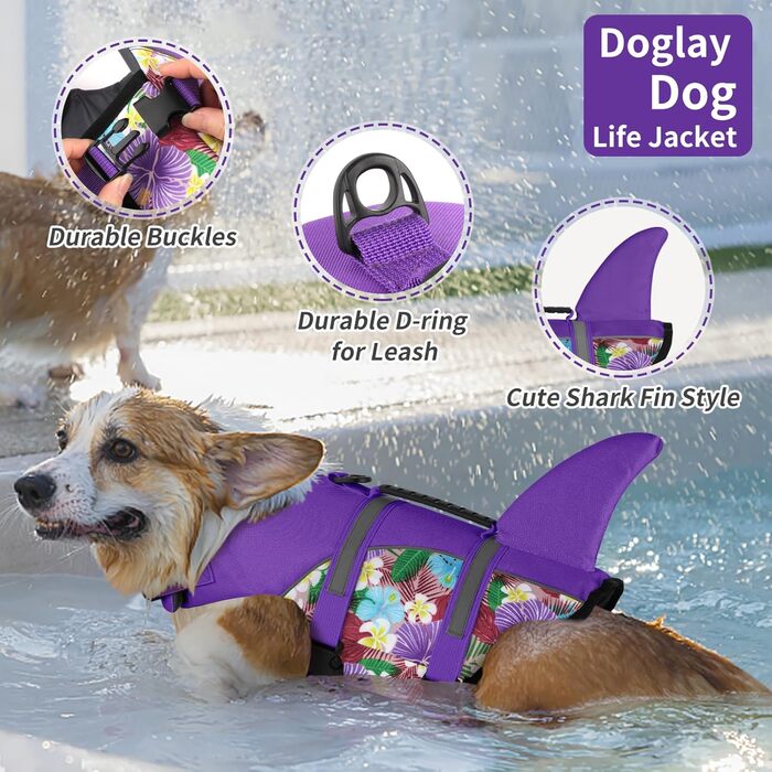 Жилет для плавання собак Doglay, Ripstop, з милим зображенням акули, надзвичайною плавучістю та рятувальним ручкою, регульований, для великих собак, фіолетовий з квітковим малюнком