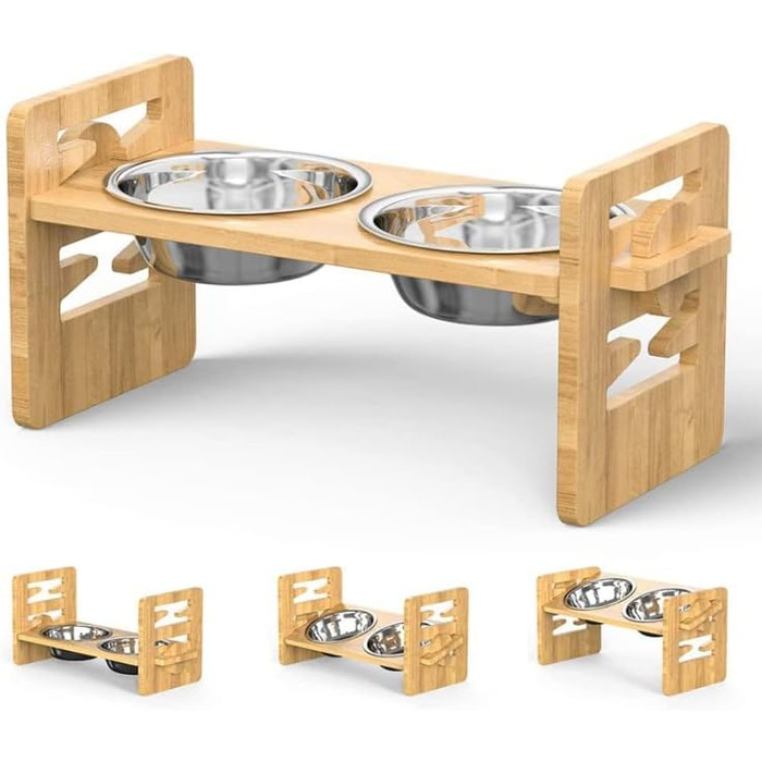 Підвищений годівниця для собак та котів 2-в-1, 4 регульовані висоти, антиковзкий стійкий підставка з нержавіючою чашею, підходить для всіх порід (бамбук)