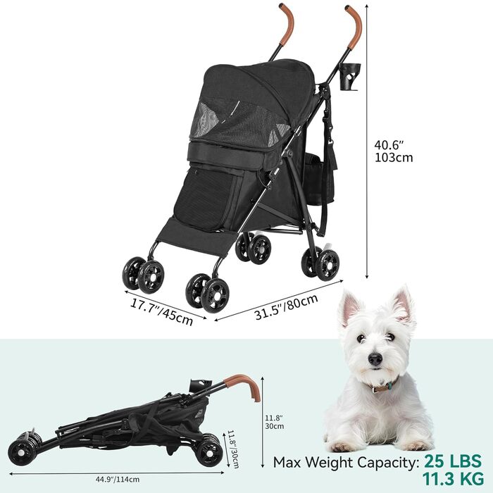 Візок для собак та котів YITAHOME Bis 11,3kg, чорний: складаний, з EVA-колесами, кошиком, сіткою, тримачем для напоїв
