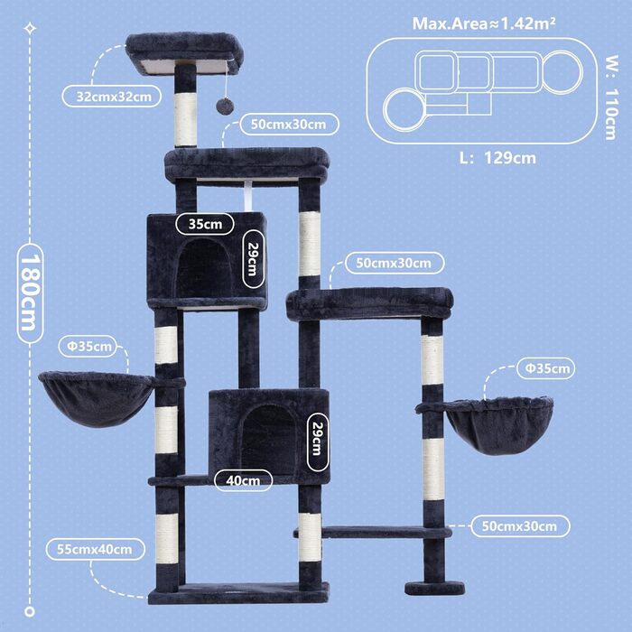 Котячий будиночок Hey-brother XXL для великих котів, 180 см, стабільний, сірий (EMPJ038MU)