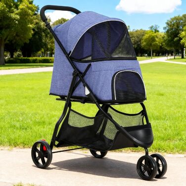 Візок для собак та котів YITAHOME 15 кг, 3 колеса, сітка, гальма, міцний, для середніх тварин (Джинсовий, 38 x 87 x 100 см)