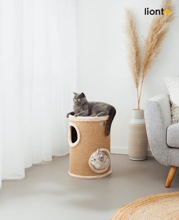 Котячий кігтетоп Lionto з сизалю з іграшковим м'ячиком та плюшевим обідком, висота 50 см. Стабільний кігтетоп для кошенят та дорослих котів, ідеальний догляд за кігтями та розваги, багато місць для ховання, діаметр 36 см, висота 50 см (джут).