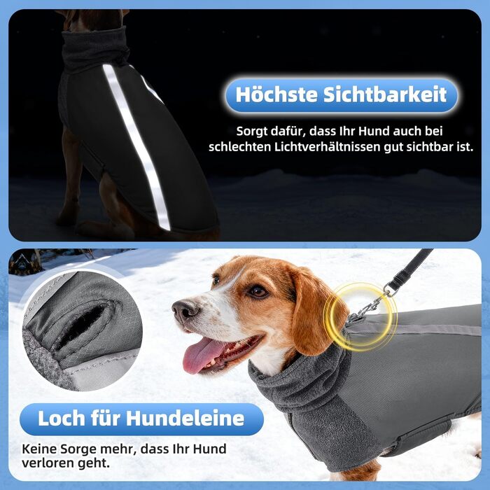 Зимова куртка для собак SlowTon з флісу, з коміром-гетром, світловідбиваючими смугами, регулюванням, водонепроникна та вітронепроникна для цуценят та собак (Сірий, M+)