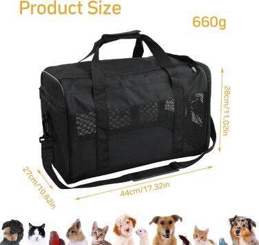 Транспортна сумка для кота/собаки Amexo, складана переноска для тварин, переноска для котів та собак середніх розмірів до 10 кг, 44 x 27 x 28 см (чорна)