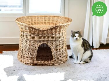 Великий овальний котячий кошик з лози, двоповерхове лежанка для котів та собак, 60 см, натуральний колір, для дому