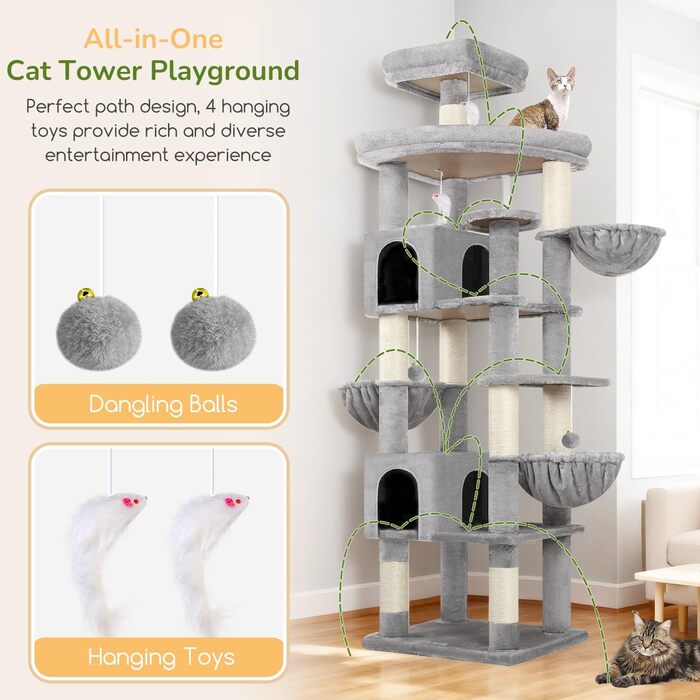 Комплекс для котів Globlazer XXL 209 см з 2 будиночками, великою платформою, 3 кошиками, ситцевими стійками, 8 стовпчиками з сизалю. Стабільний комплекс для котів Globlazer (S82, сірий)