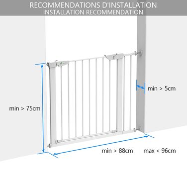 Захист для сходів Vounot без свердління, 76-108 см, для дітей, собак та котів, автоматичне закриття, магнітний замок, 90° стоп, білий