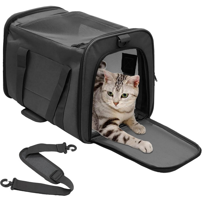 Транспортна сумка для котів та собак Kathson, схвалена авіакомпаніями, складна, чорна, до 6,8 кг