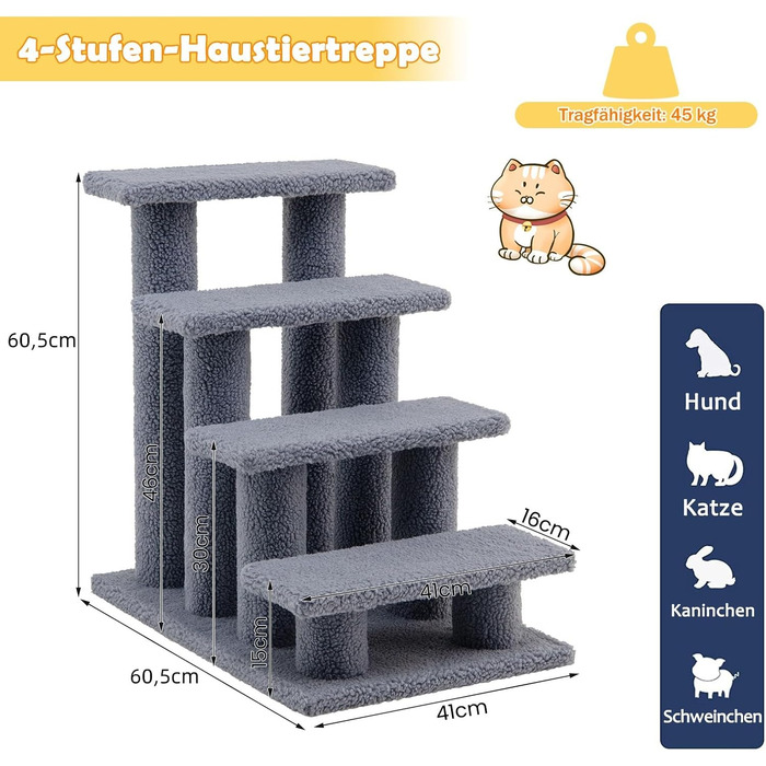 Сходинка для котів та собак GYMAX - 4 сходинки, сірий колір, 60,5 x 41 x 60,5 см