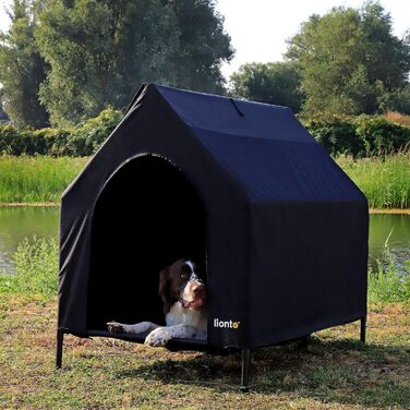 Лежанка для собак Lionto Outdoor з дахом, 110x75x105 см, водовідштовхувальне та зносостійке оксфордське полотно та дихаюча сітка, піднята лежанка з знімними ніжками, для собак до 60 кг (Чорний, L 130 x B 113 x H 85 см)