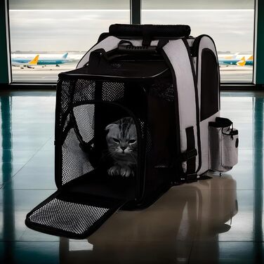 Транспортна сумка для котів, рюкзак для собак, переноска для тварин, дихаюча, розширювана, складна, для подорожей, прогулянок, сірого кольору (з чорною основою)