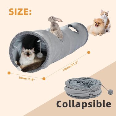 PAWZ Road Ігровий тунель для котів та собак, складний, з м'ячиком, сірий (великий, 2 входи)