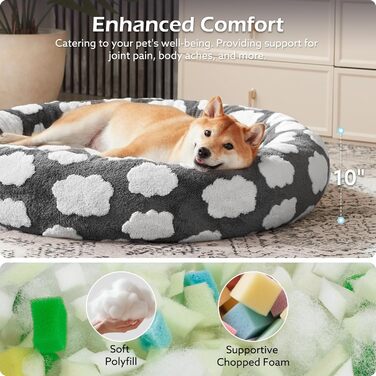 Кругле ліжко для собак JOEJOY Donut, сіре, велике (36x36x10 см), ортопедичне, знімний чохол, антиковзаюча основа