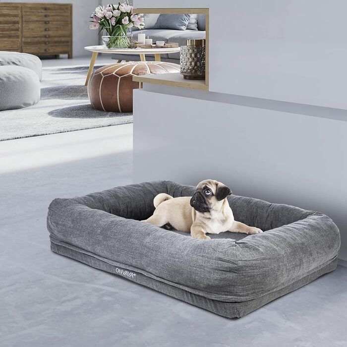 Ліжко для собак ONVAYA® з ортопедичним килимком | М'яке та затишне диван-ліжко для собак | З високим бортиком | Підходить для великих та маленьких собак | Сірий колір (M, 98x75x18 см)