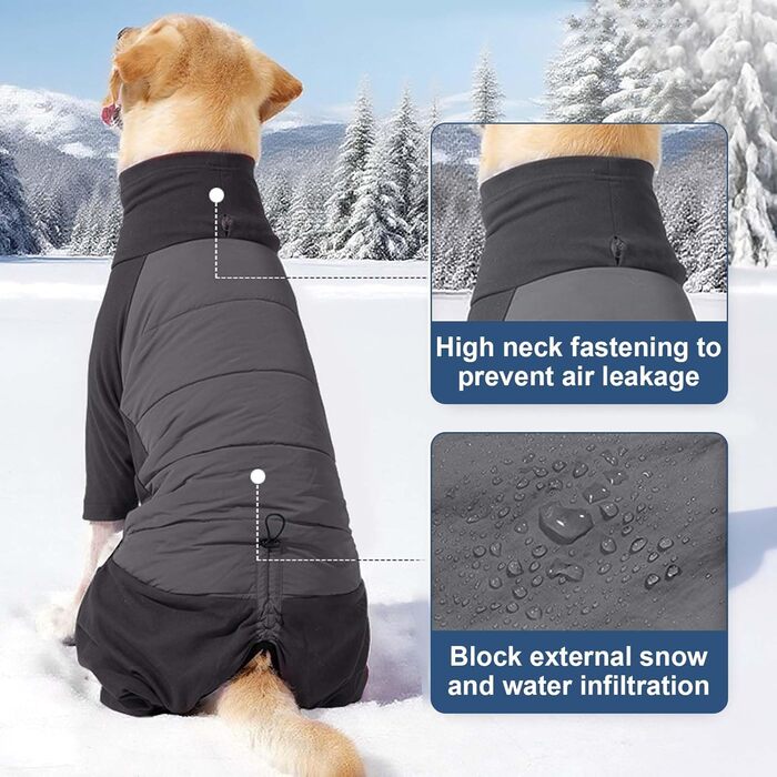 Водонепроникний теплий зимовий одяг для собак, вітронепроникний костюм для собак середніх та великих порід, одяг для собак з отвором для шлейки – сірий (XL)