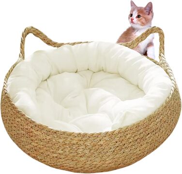 Кігтечка-ліжко для котів з соломи, 43 см, з м'яким подушкою, для кошенят, стійке до подряпин, ліжко для кота + біла подушка + об'ємні подушки