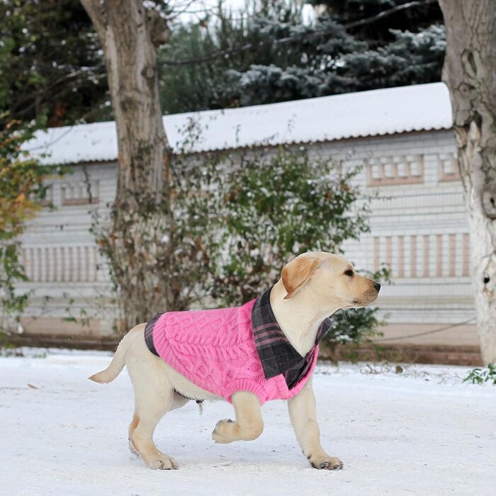 Теплий собачий светр CITE TOILE з візерунком у клітинку, комір-стійка та отворами для повідка – зимовий одяг для собак маленьких, середніх та великих порід, котячий светр на Різдво, Рожевий, XL