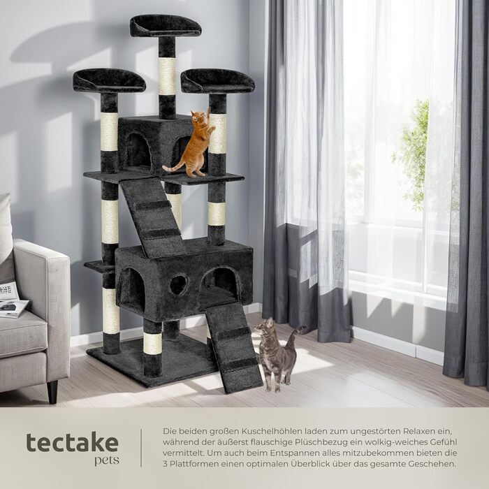 Велика когтеточка для котів tectake, з 3 сизалевими стовпчиками, 3 лежанками, будиночком, 2 сходинками, середня висота, для котів і кошенят, чорна