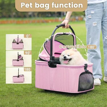 Дитячий візок-перевертач 2-в-1 для собак з знімним кошиком, складний візок для цуценят на 4 колесах, мінімалістичний візок для тварин з кишенькою для зберігання для середніх та маленьких собак, рожевий