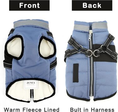 Зуена Тепла куртка для собак на зиму з поворотком для шлейки, світловідбиваючі елементи, водонепроникна, флісова підкладка, XS/S, блакитна
