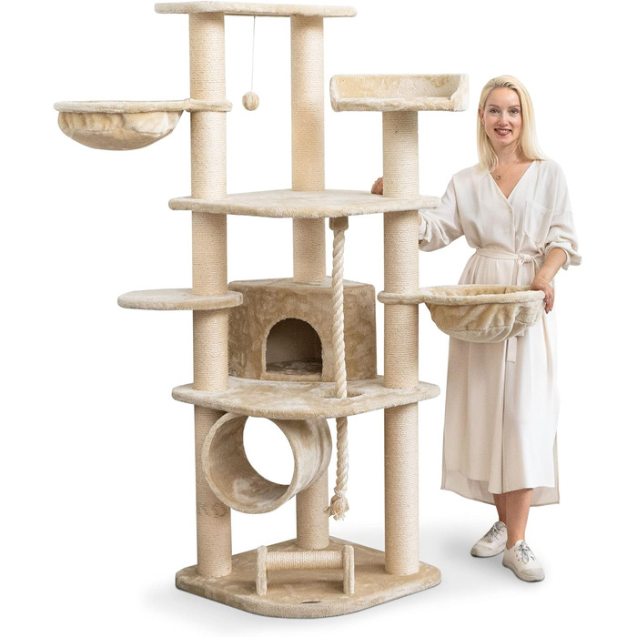 Велика кремова когтеточка для котів HAPPYPET 181 см – стійке дерево з товстими стовпами 11 см, будиночком, ігровим тунелем, великими лежанками та канатом