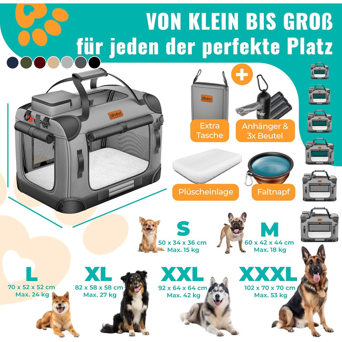 Транспортна переноска для собак та котів XXL 92x64x64 см | Переноска для тварин з мискою та плечовим ременем | Для котів та собак, сірого кольору