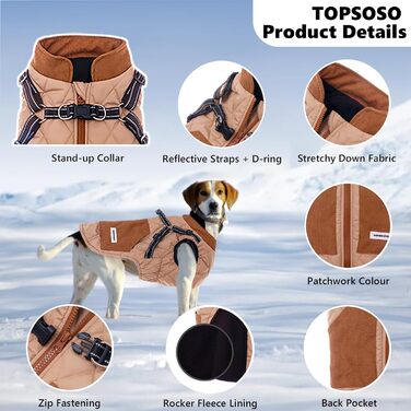 Тепла куртка для собак на зиму з поворотком для повідка, кишенями та світловідбиваючими смугами. Модна зимова жилетка для маленьких собак (Хакі M)