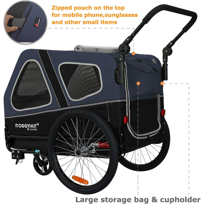 Doggyhut S-Line XL: велосипедно-колясочний візок для собак, 2 в 1, до 45 кг, блакитно-чорний