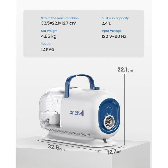 Машина для стрижки собак Oneisall з пилососом та сушаркою, 2.5L контейнер для сміття, 7 рівнів температури сушіння, тиха машинка для стрижки собак та котів, потужність всмоктування 15000Pa, професійний набір для догляду за тваринами з 8 інструментами