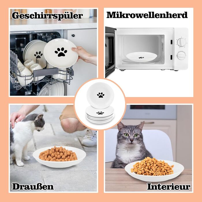 Набір мисок для котів CROUTE 6 шт. з кераміки - широкі миски для котів, анти-високочування, білий колір, з принтом лапки