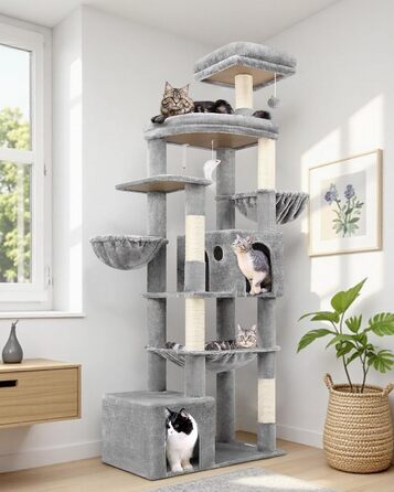 Драбина для котів Globlazer XXL 193 см з будиночком, гамаком, платформами та іграшками. Стабільна для 3-5 котів. Сірий колір.
