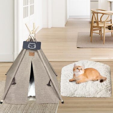 Палатка для тварин Tipi, будиночок для собак та котів з плюшевою подушкою, 60x60x70 см, коричневий