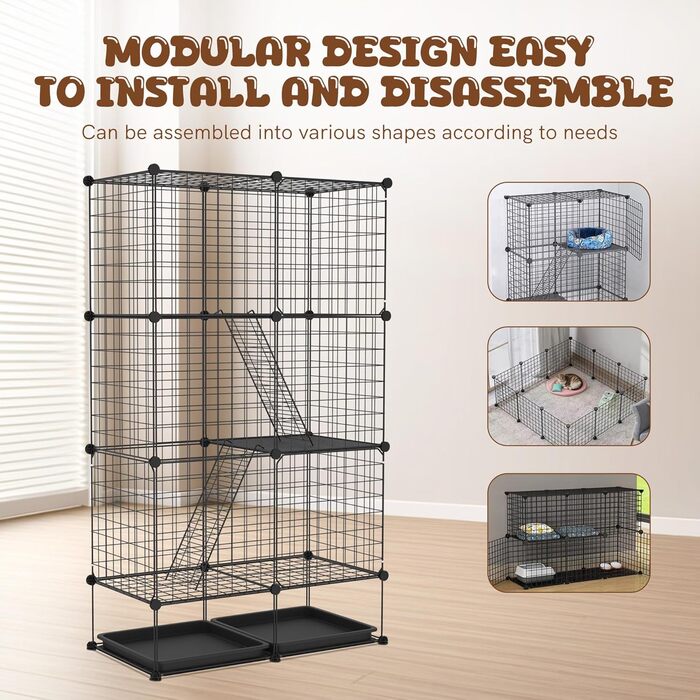 Металевий вольєр для котів UISEBRT для вулиці та дому, 3-рівневий, з знімною ванною, 2 сходинками та 3 дверима. DIY вольєр для котів як тренувальний, місце для відпочинку або вуличний вольєр