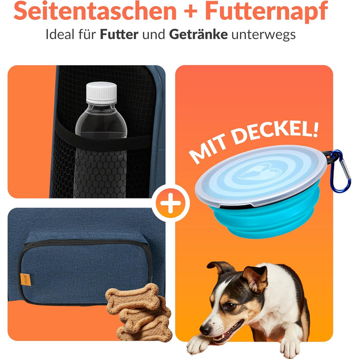 Транспортна переноска для котів CADOCA® до 20 кг, складна, з сонце- та дощовим дахом, плечовим ременем, мискою, дихаюча, комфортна, з обертовим подушечком, для котів та собак, блакитна