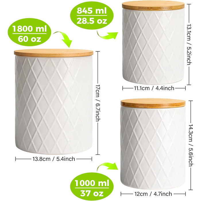 Набір з 3 вазок для зберігання Miamio Palmanova, кераміка з дерев'яним кришкою, білий колір