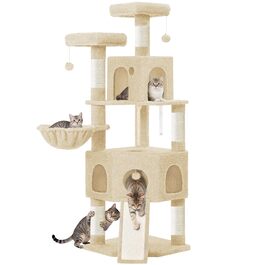Кігтеточка для котів Hzuaneri, 174 см, XL, 2 платформи, 2 печери, 4 стовпчики, дошка для шліфування кігтів, мотузка з сизалю, плюшеві кульки, для кількох котів, MS17418LG (Бежевий)