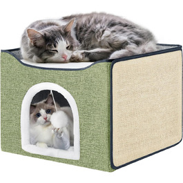 Ліжко-куб для котів Purr&Khead з подушкою, знімним кігтеточкою та іграшкою, велика складна котяча хатка 42x42x33 см, зелена, для домашніх котів