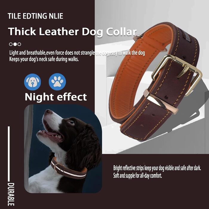 Нашийник для собак з натуральної шкіри, великих та екстра-великих порід (колір коричневий, розмір M)