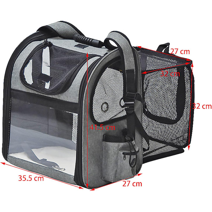 Рюкзак для собак та котів Fudajo, 32x27x40 см, до 6 кг, чорно-сірий, розкладний, для подорожей