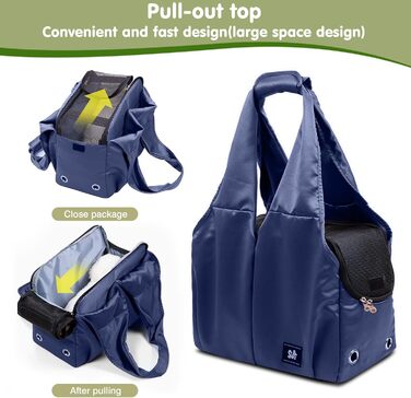 PETCUTE Сумка-переноска для собак та котів, дихаюча, з матом, на плече, з лінійкою безпеки та кишенями, для маленьких та середніх собак, цуценят та котів (Темно-синій)