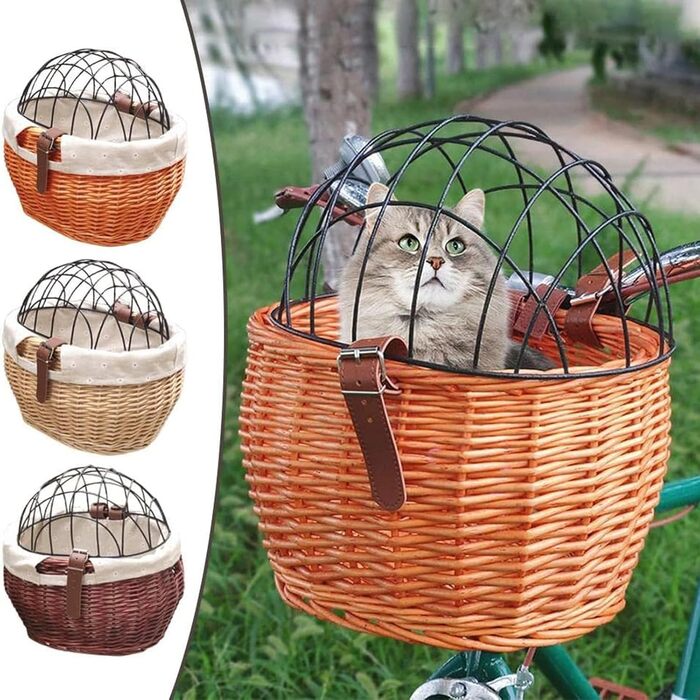 Фарбований кошик для домашніх тварин на велосипед, плетені кошики для котів, велосипедні кошики з лози з металевим покриттям, знімний переносник для собак на велосипед, передній безпечний кошик для тварин (Колір: Натуральний)