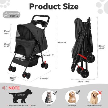 Складаний візок для тварин та дітей з колесами на 360°, кошиком для зберігання, міцним металевим каркасом та дихаючими сітковими віконцями – портативний переносник для котів та собак до 22 кг, чорний