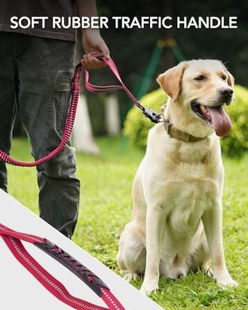 Тактична повідок для собак Joytale, еластична (bungee) повідок з 2 м'якими ручками, кріплення для автомобіля, повідок без ривка для середніх, великих та дуже великих собак (1.2м-1.8м, світорожевий)