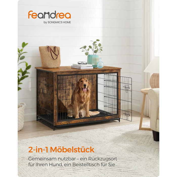 Клітка для собак Feandrea з журнальним столиком, вінтажний коричневий, 112 x 75 x 82 см, до 36 кг