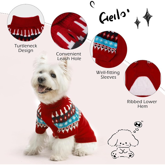 Пуловер для собак EXPAWLORER Fair Isle з візерунком Fair Isle - стильний светр, кофта для цуценят, маленьких, середніх та великих собак, з високим коміром, червоного кольору, розмір M