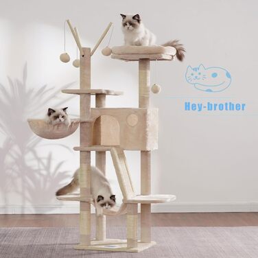 Котячий будиночок Hey-Brother 135 см, бежевий – драпак із сизалю, ігровий комплекс з лежаком, іграшкою, будкою, гамаком для котів, модель MPJ019-SM