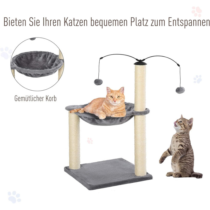 Дерево для котів PawHut з гамаком, когтеточкою та іграшкою, сірого кольору, 40x40x72 см