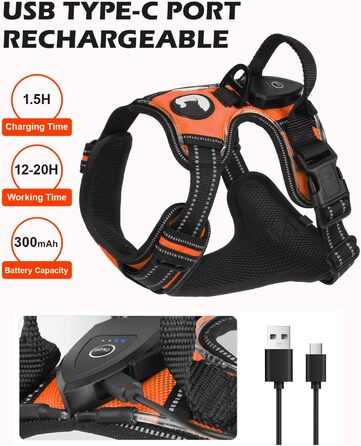 Світловідбиваючий нашийник для собак Joytale з LED, для середніх та великих собак, без натягування, з ручкою, регульований, для нічних прогулянок, зелений/помаранчевий, M/XL