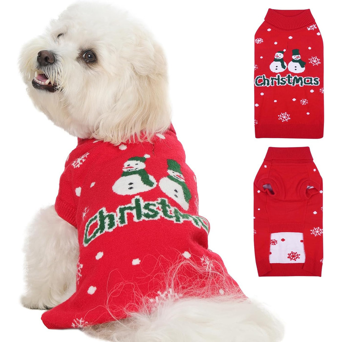 Святковий пуловер для маленьких собак – теплий, м'який, без рукавів, з принтом сніговика, для прогулянок, червоний, розмір M, Getaway Solids